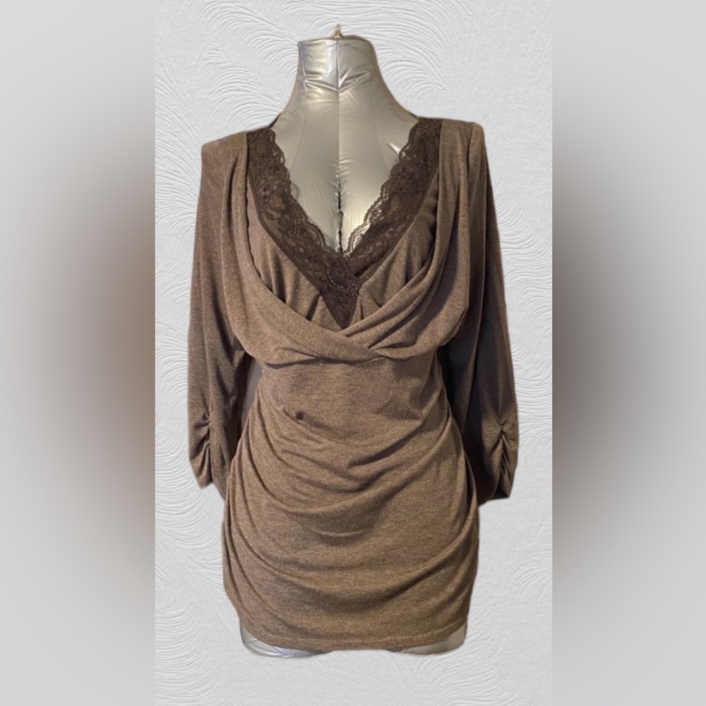 AGB Brown sexy deep V neck with lace ruched sides drapes top size L